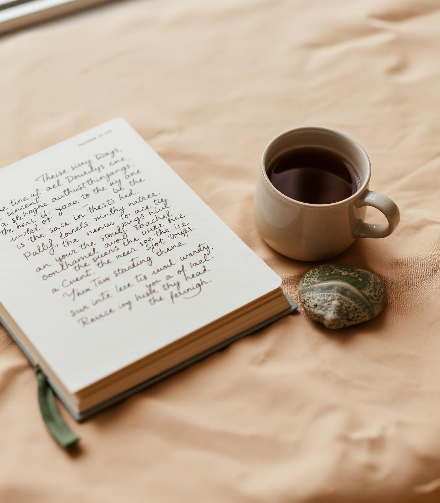 Open journal, ceramic cup, and a smooth river stone on warm linen